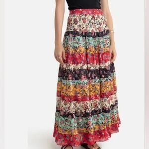 Derhy Badge Tiered Maxi Skirt in Floral Print Cotton Multicolor Boho Size L